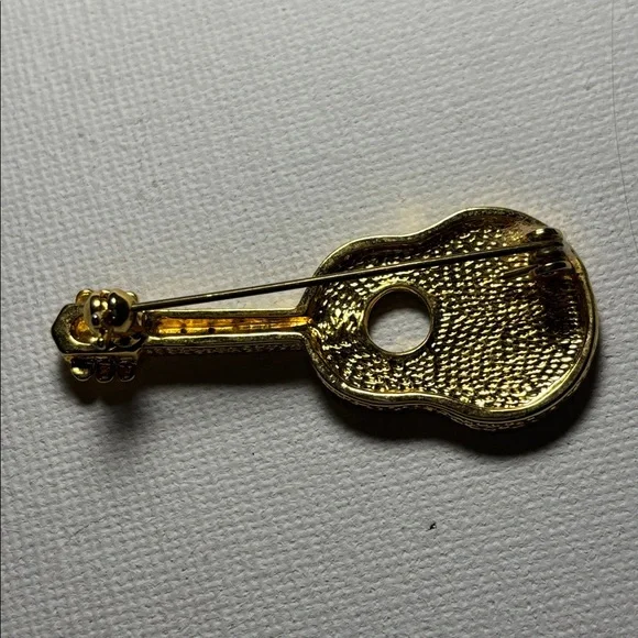Guitar Brooch Pin with Rhinestones Painted black on goldtone metal - Picture 3 of 4